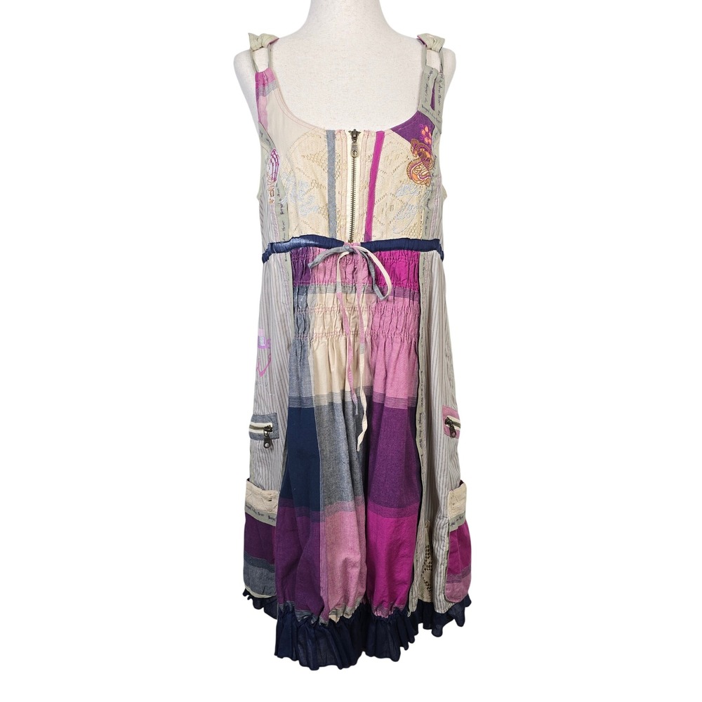 Desigual‎ Patchwork Boho Dress Womens 42 Large Multicolor Cotton Lace Ruffle Zip